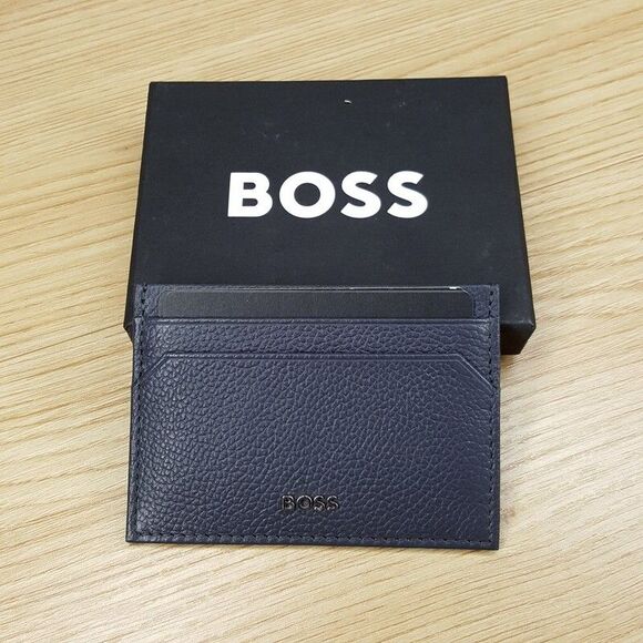 HUGO BOSS Mens Wallet Blue Leather Card Holder Logo HIGHWAY CARD CASE $90 - Picture 1 of 5